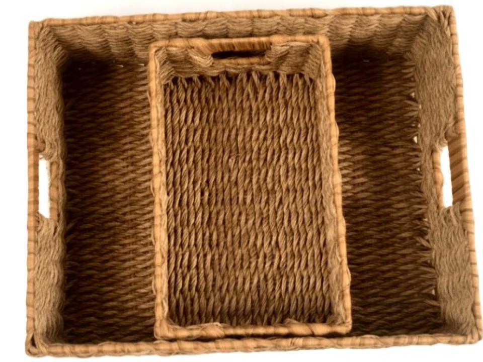 Curated Set of 2 PE Storage Baskets with Faux Water Hyacinth Rims and Cut-Out Handles